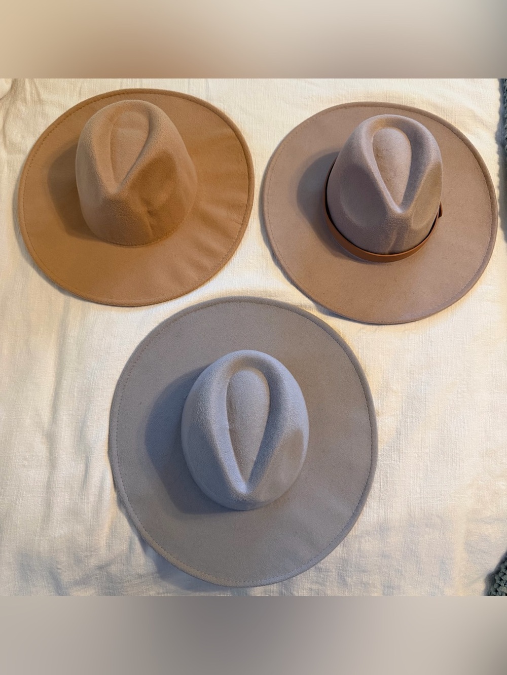 Set of 3 Wide-Brim Rancher Style Hats Gray, Beige and Rich Brown/Camel Color